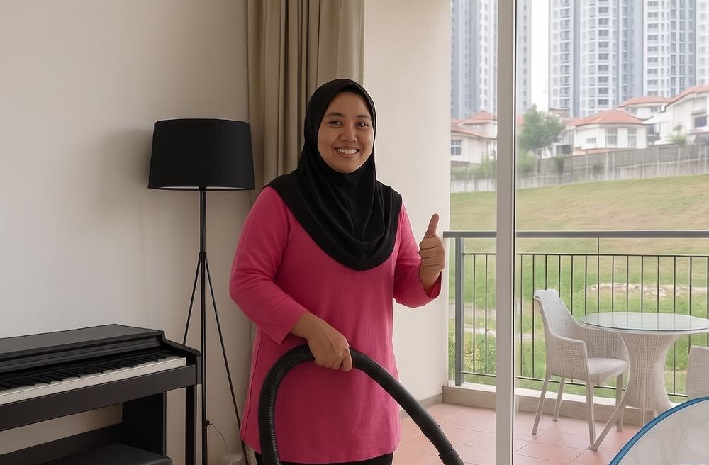 Cleaner vacuuming a living room as part of a home cleaning session