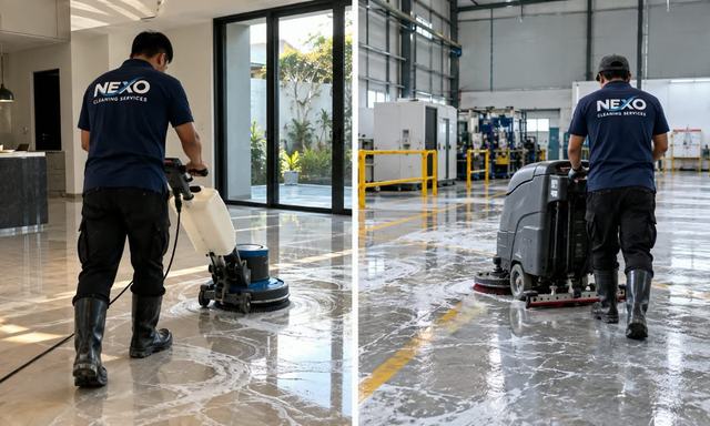 Nexo team scrubbing and polishing floors