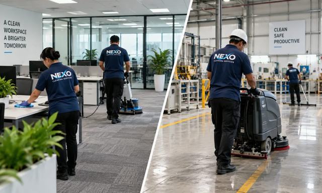 Nexo team cleaning an office and factory floor