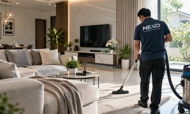 Nexo cleaning team member vacuuming a residential living room